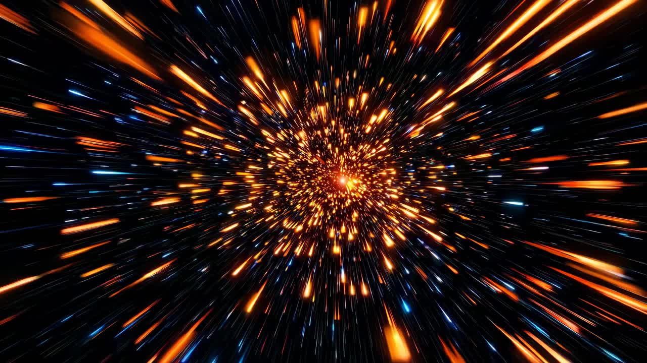 Dynamic video of glowing particles in deep space, captured from a first-person perspective
