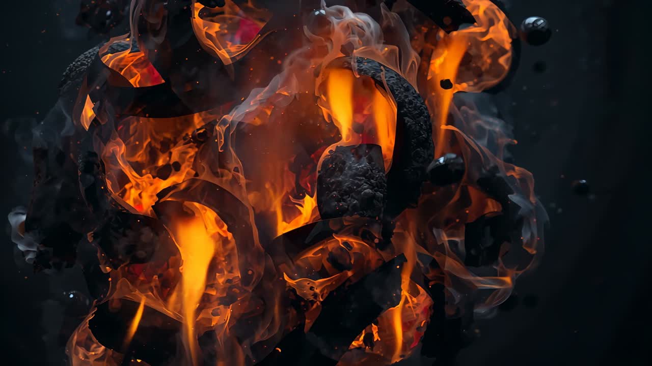 Cracking charred cluster igniting flames sweeping across surface in void with smoke plumes