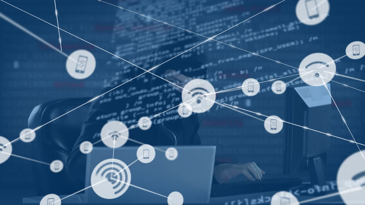 컴퓨터를 사용하여 해커를 통해 연결 네트워크의 애니메이션