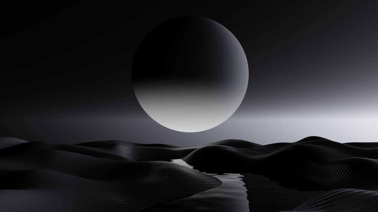 3D render animation of round full moon rising over horizon