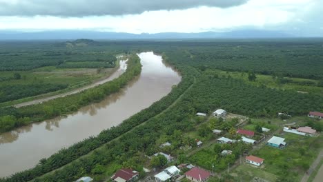 pan of a river next to a plantation and a city in 4k