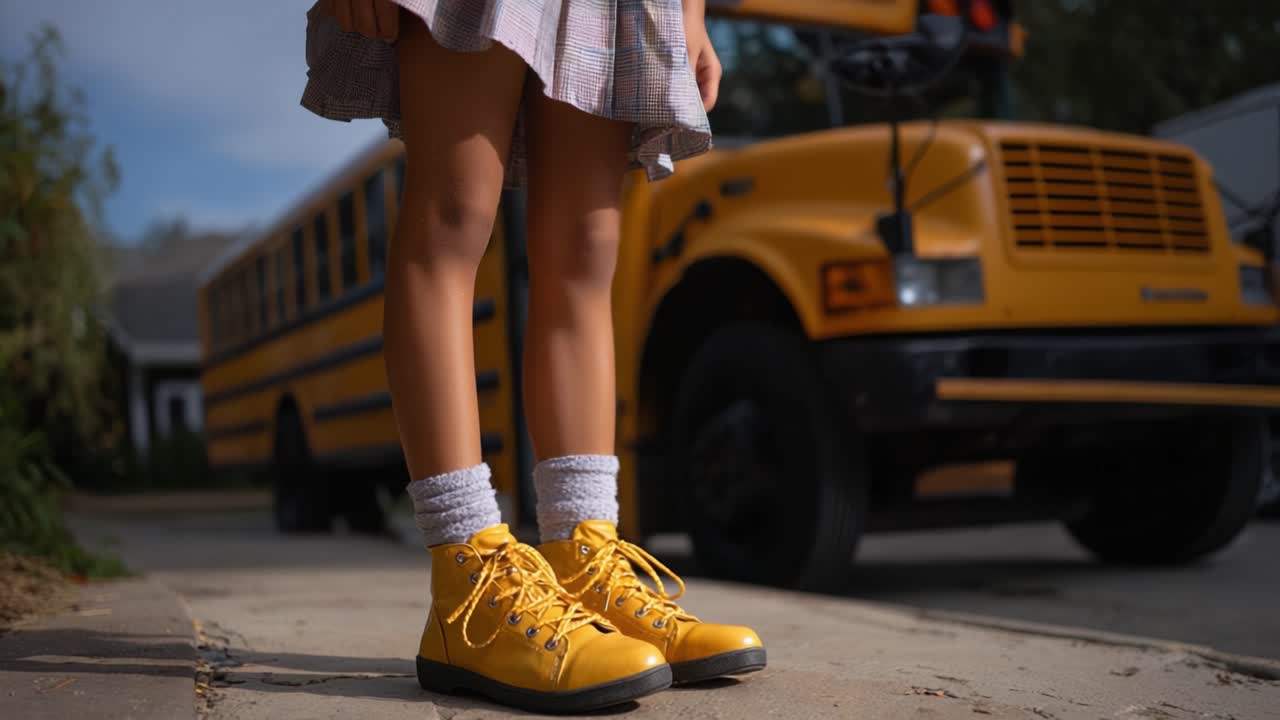 Un primo piano delle gambe di un bambino che indossa scarpe giallo brillante e calzini grigi, in piedi su un marciapiede accanto a uno scuolabus giallo in un ambiente soleggiato.