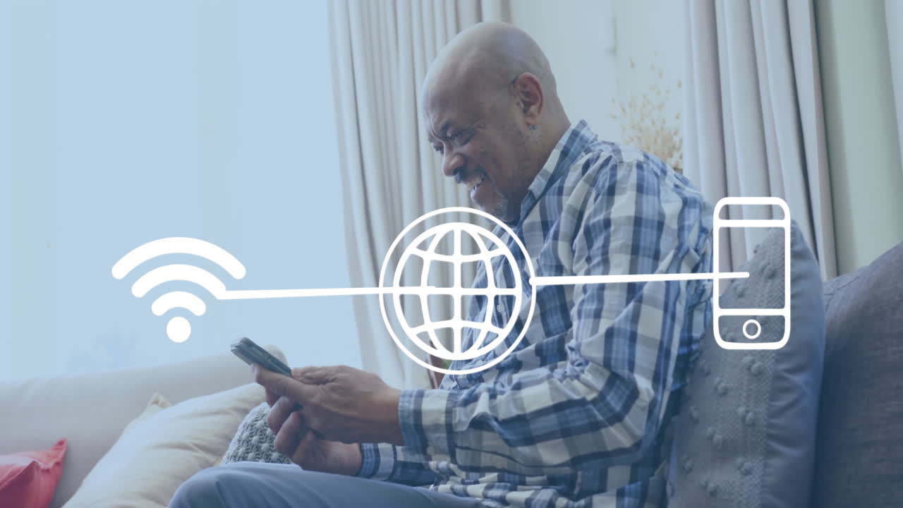 Animation of network of connections with icons over senior african american man using tablet