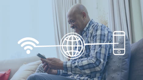 animation of network of connections with icons over senior african american man using tablet