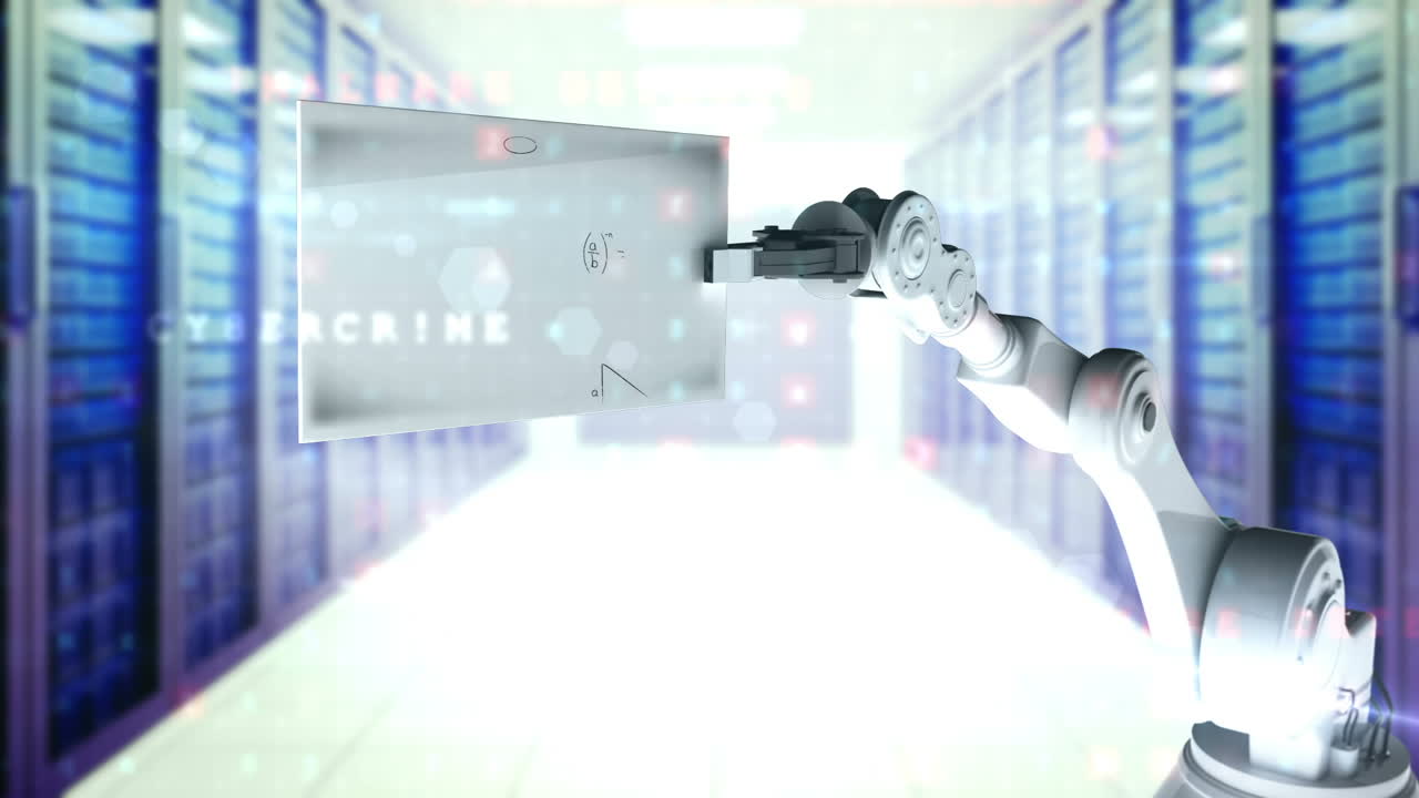 video generado digitalmente de la tarjeta de retención del brazo robótico con fórmula matemática