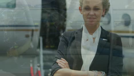 Animation-of-caucasian-businesswoman-standing-against-airplane-with-connecting-dots-in-background