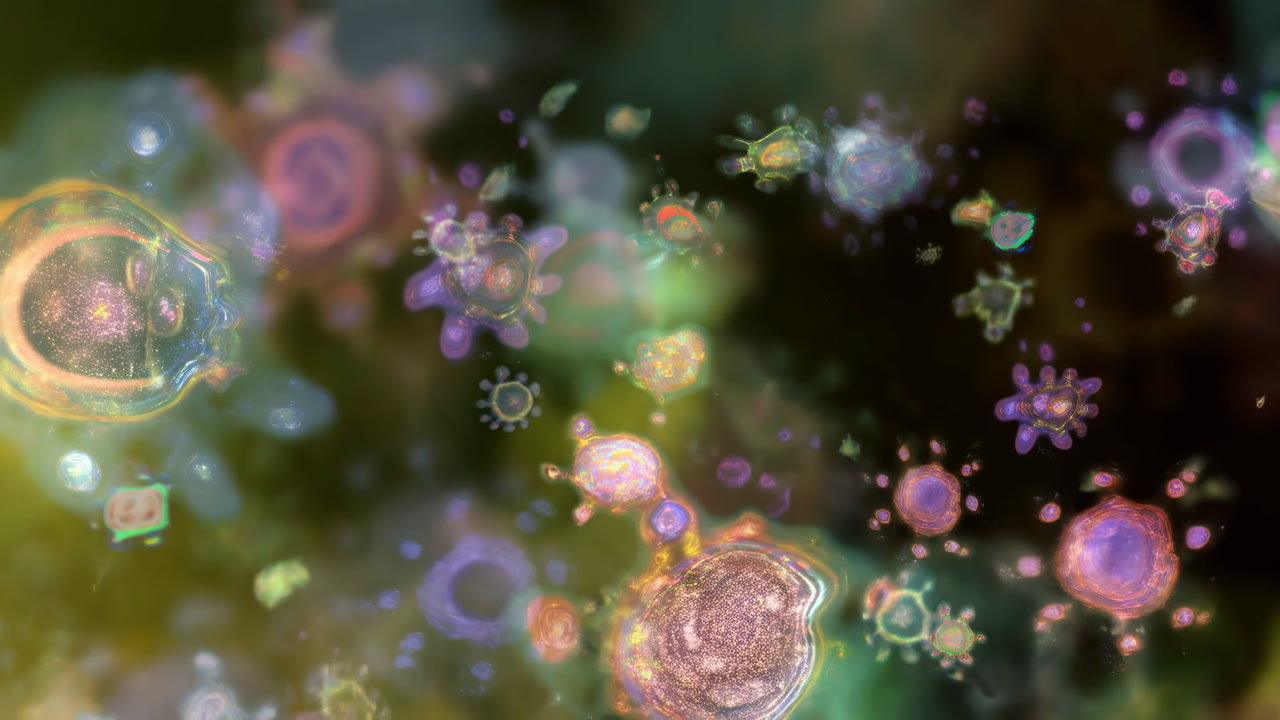 Soft Pastel Microbes Drifting Across Frame, Gentle Cellular Bloom With Warm Amber Highlights And Bokeh,