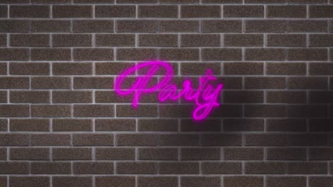 neon purple party text against brick wall in background