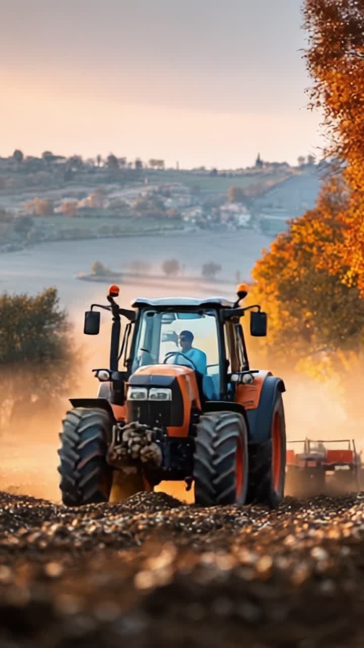 Un paesaggio agricolo panoramico che mostra un trattore che coltiva i campi tra il fogliame autunnale e orizzonti nebbiosi, incarnando la bellezza della raccolta autunnale