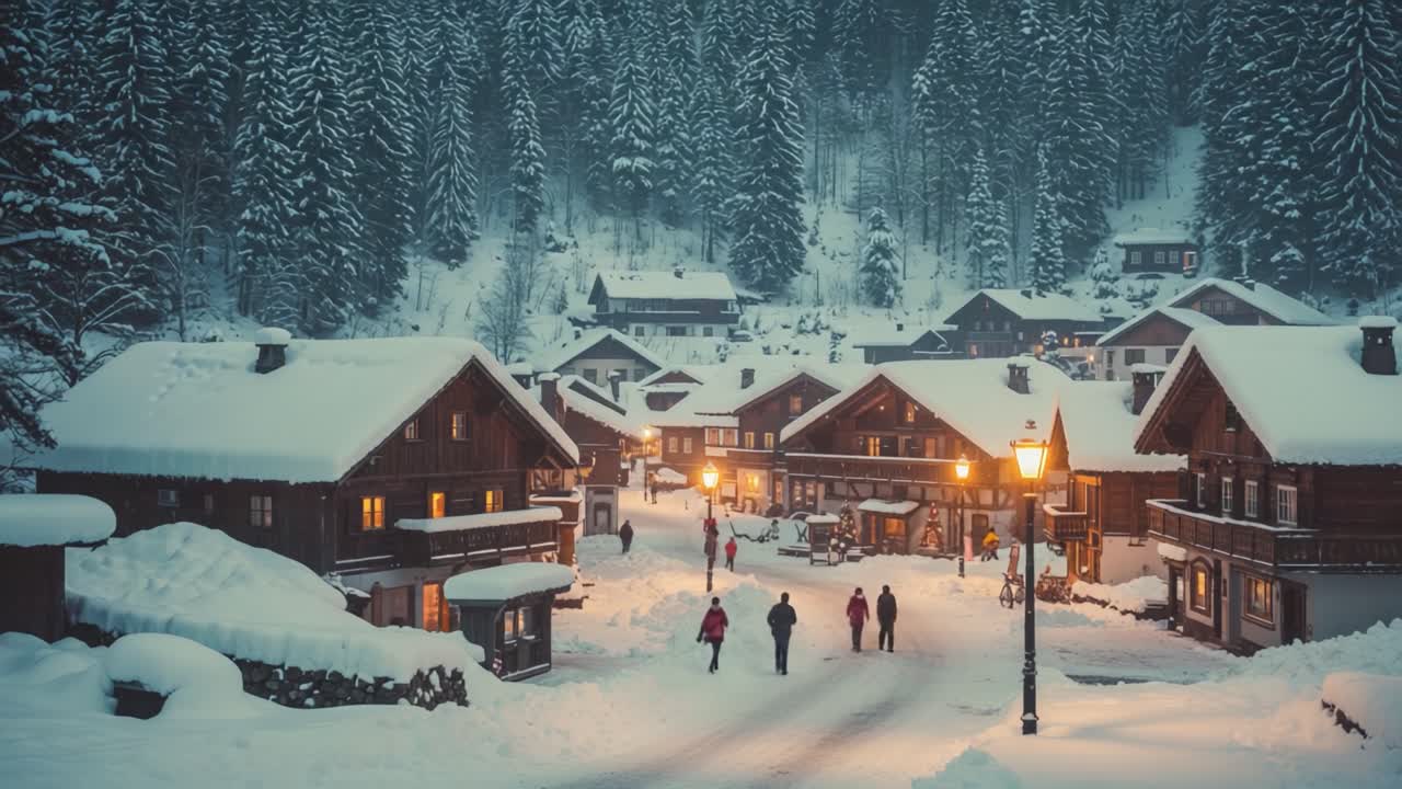A Serene Winter Evening in a Snow-Laden Village, Where Warm Lights Illuminate Cozy Cabins Surrounded by Majestic Frost-Covered Pines and a Joyful Community Stroll