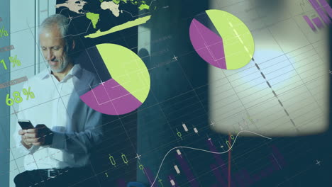 animation of financial data processing over caucasian businessman using smartphone