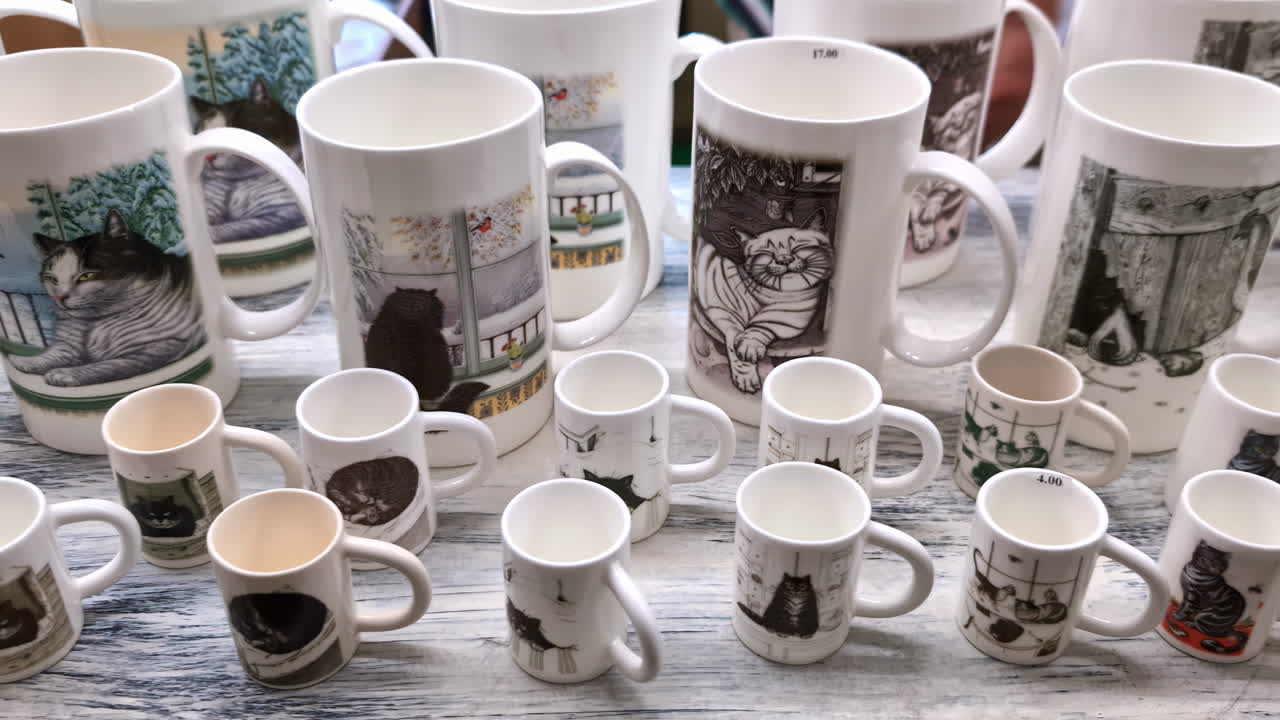 Assorted ceramic mugs with cat illustrations displayed on a wooden surface