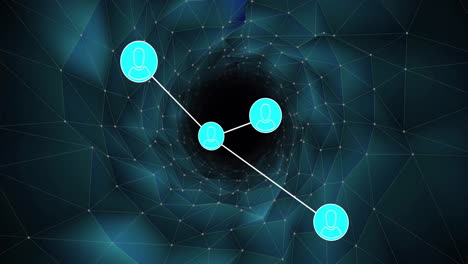 animation of network of connections with icons over tunnel on black background