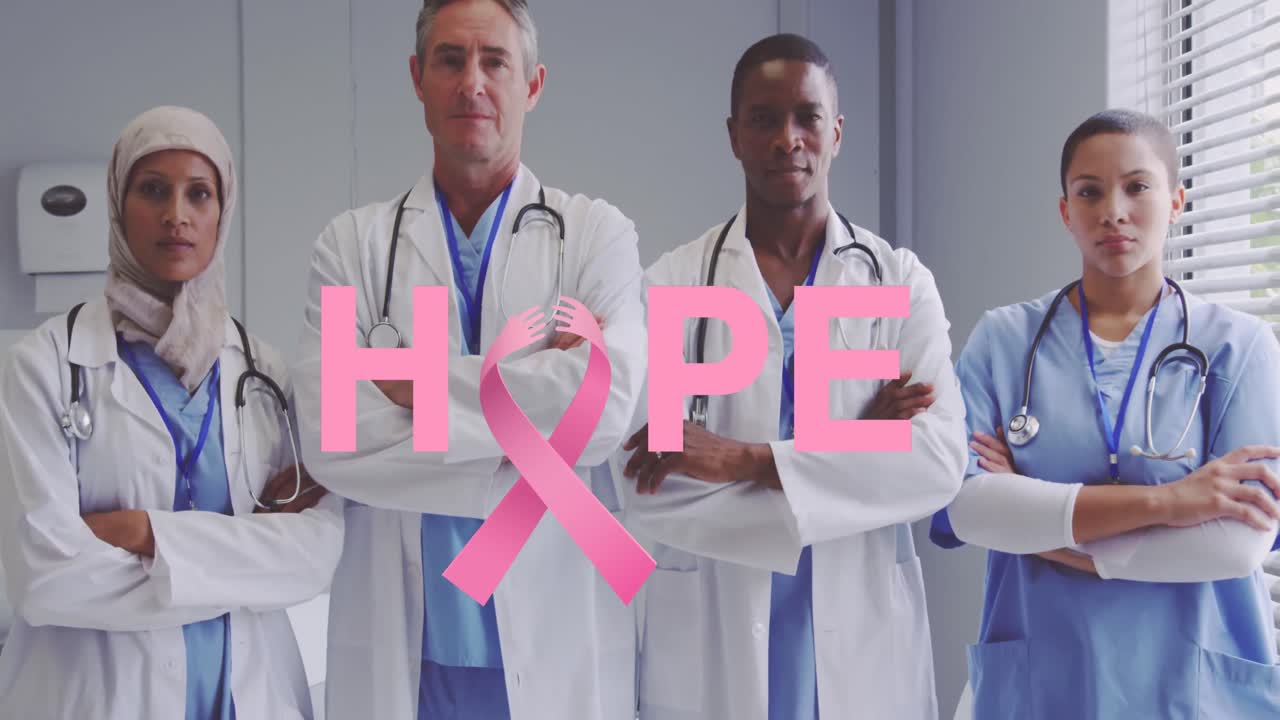 병원에서 웃는 다양한 의사들에 대한 희망 텍스트의 애니메이션