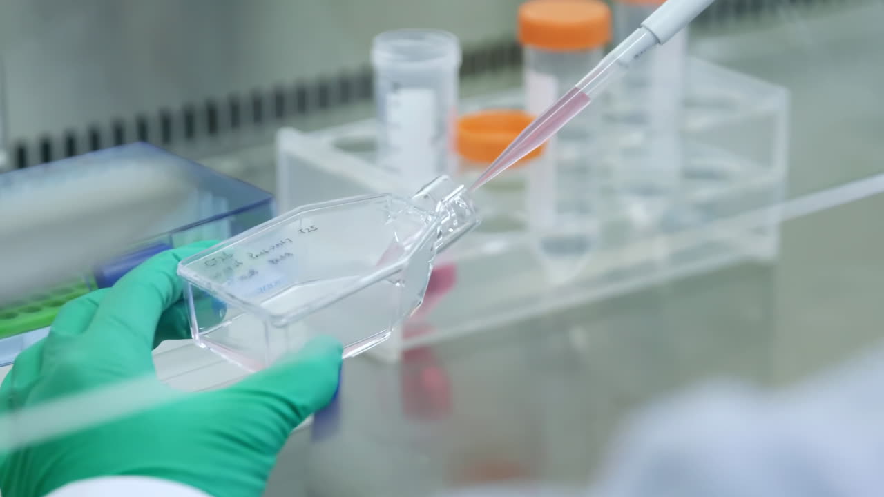 Researcher in lab coats conducting biological experiment on Cell culture essay with test tubes, chemical liquid, vaccine in container. Forensic exam in lab or pharma, genetics, innovation in medicine