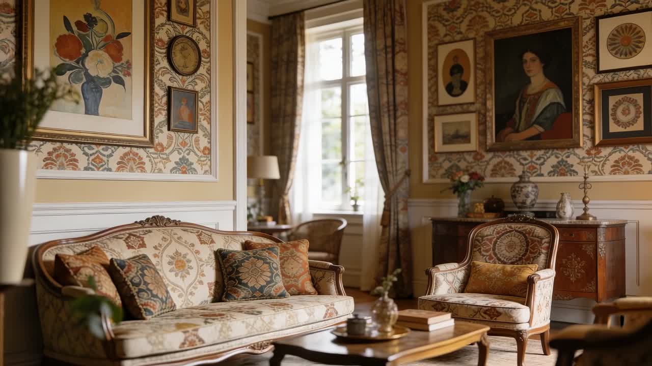 Shifting camera revealing formal living room seating group showcasing sofa, plant, artworks