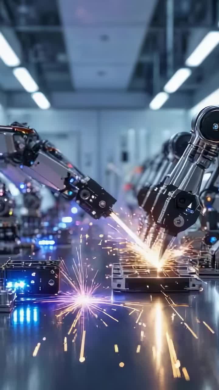 Vertical video: Bursting sparks signaling welding, robotic arms melting grid and indexing fixture