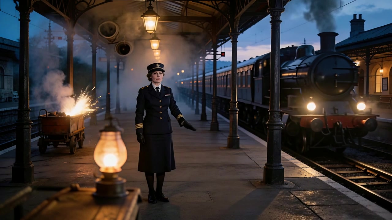 Ufficiale donna in uniforme che segnala alzando il braccio guantato su una piattaforma al crepuscolo mentre il treno si avvicina.