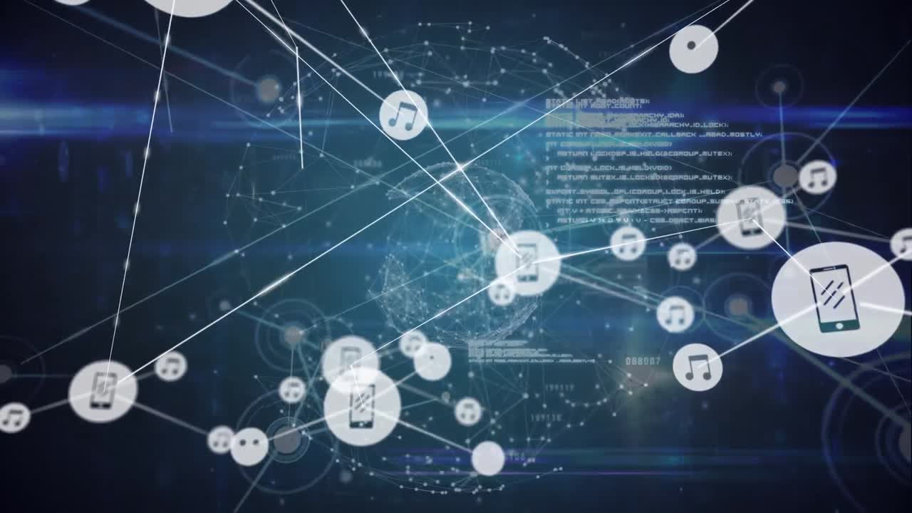 파란색 배경에 있는 데이터 처리 및 아이콘의 애니메이션