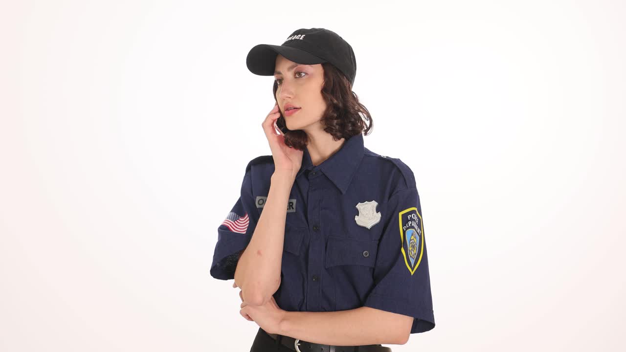 Woman Police Officer in Uniform on White Background