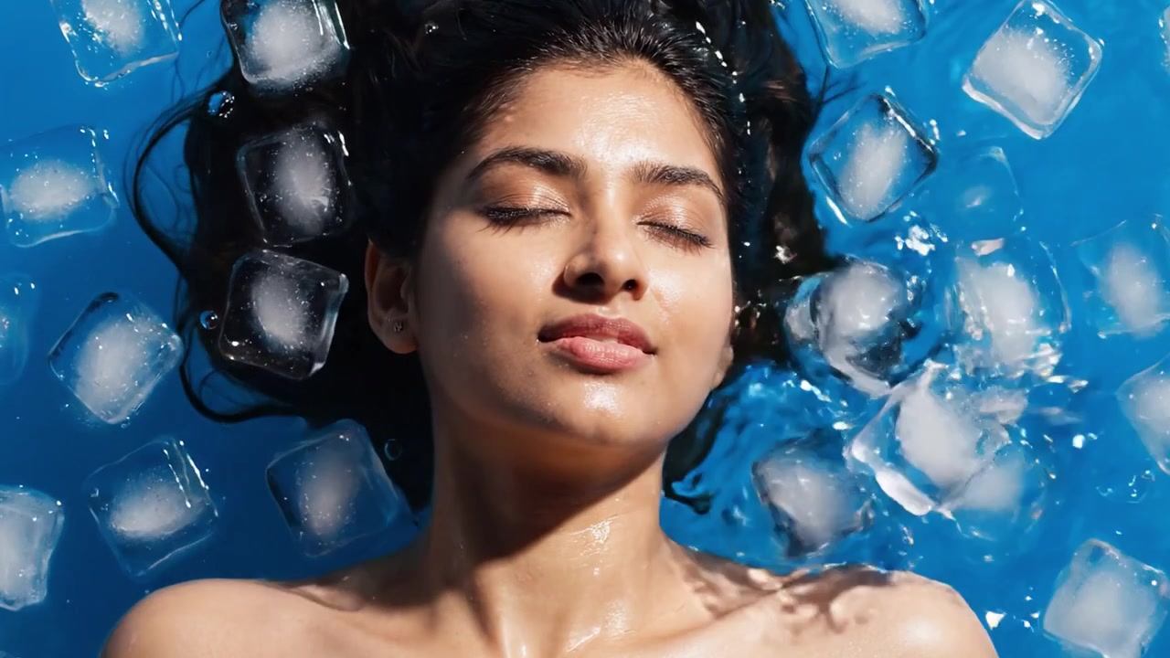 Un Momento Sereno Catturato in un'Atmosfera Blu Rinfrescante, con una Donna che si Rilassa tra Cubetti di Ghiaccio, Evocando Sensazioni di Tranquillità e Freschezza in Questa Affascinante Ambientazione Acquatica