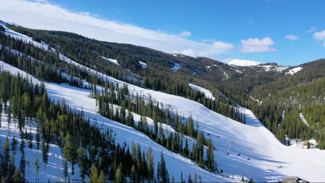 winter drone footage of big sky shows skiers riding lifts and flying down trails, with pine forests and snow-packed mountain terrain completing the stunning alpine view