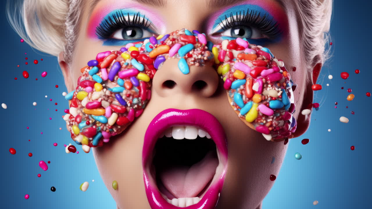 caras femeninas con dulces y caramelos como maquillaje hecho con ai