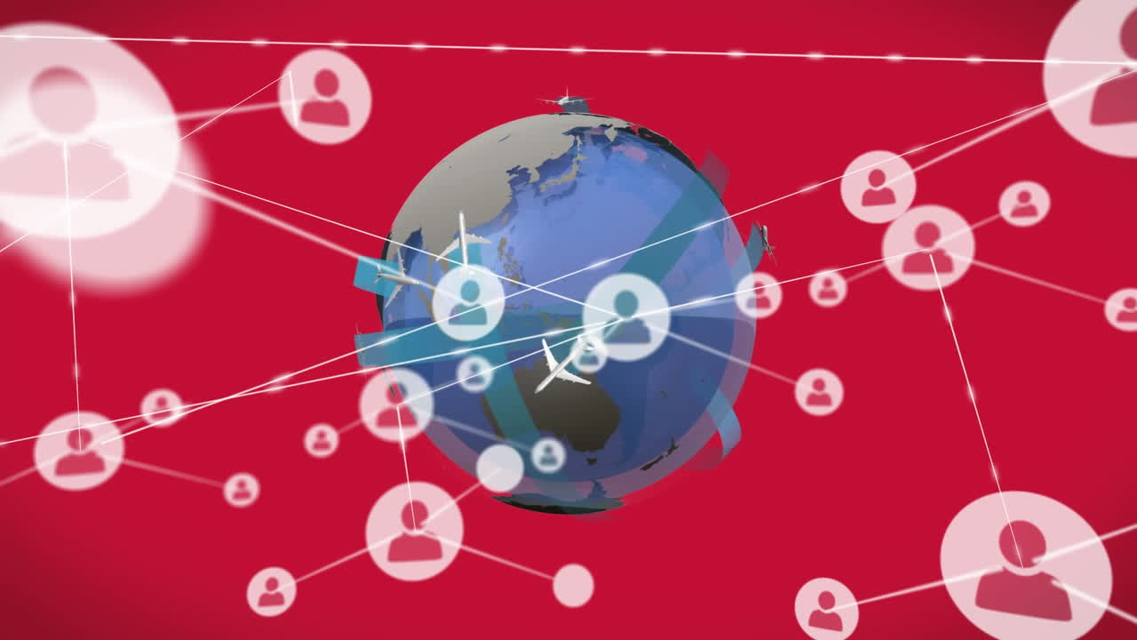 연결된 사람들의 애니메이션 아이콘과 비행기가 빨간 바탕에 지구를 돌아다니고 있습니다.