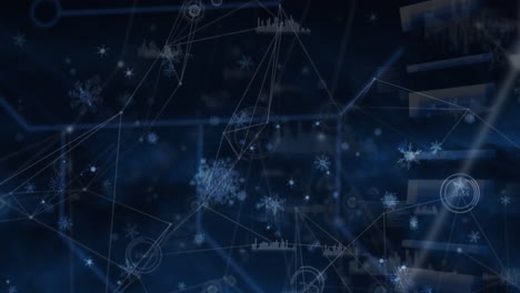 animación de la nieve que cae sobre la red de conexiones y procesamiento de datos