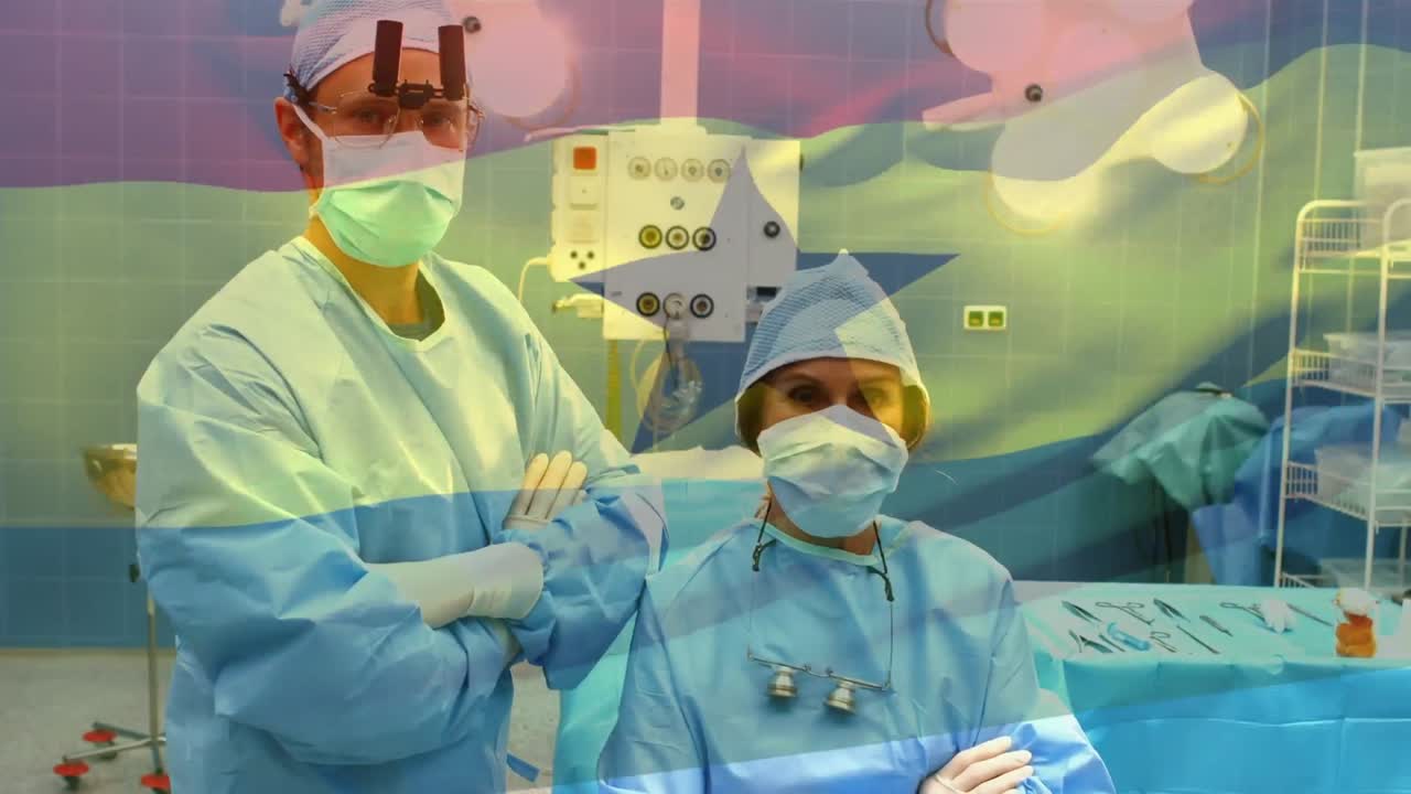 가나  ⁇ 발이 얼굴 마스크를 쓴 외과 의사들 위에서 흔들리는 애니메이션