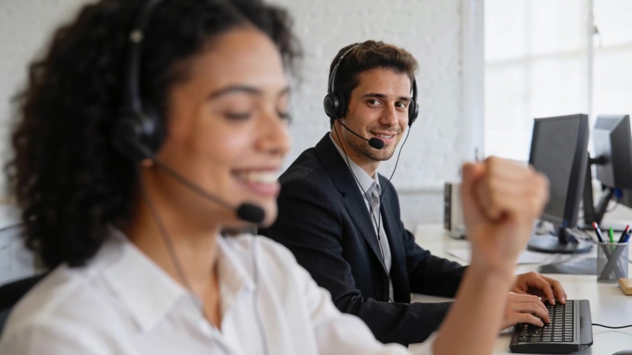 Rappresentante donna in ufficio, in camicia e con cuffie, che alza il pugno dopo una chiamata e si gira verso un collega che sta digitando.