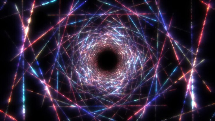 Abstract technology background with colorful glittering glowing particle motion in cyber space tunnel texture for futuristic digital background concept. 4K 3D Seamless loop. Vj Background loop Motion.