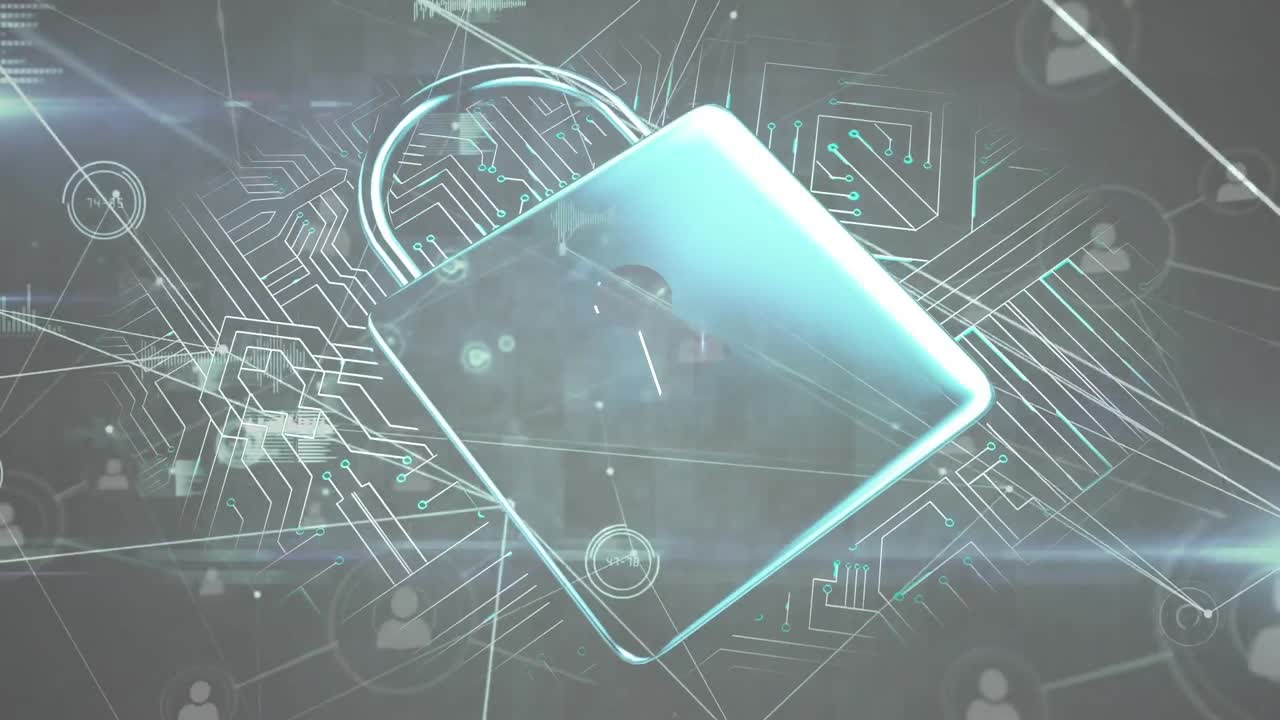 Animation of padlock, computer circuit board and network of connections