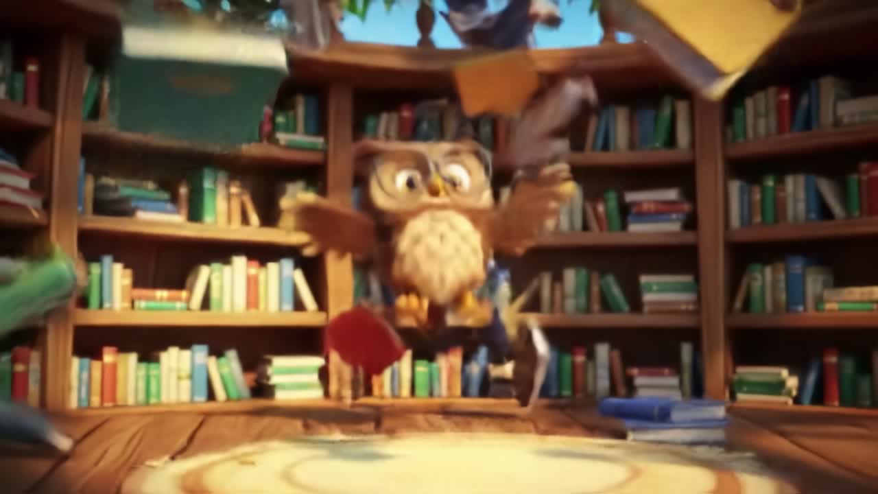 A playful owl character brings books to life in a whimsical library setting, showcasing enthusiasm for reading and learning with glasses and a cheerful expression