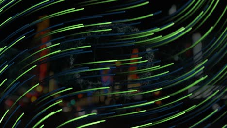 animation of green lines moving over night blurred cityscape