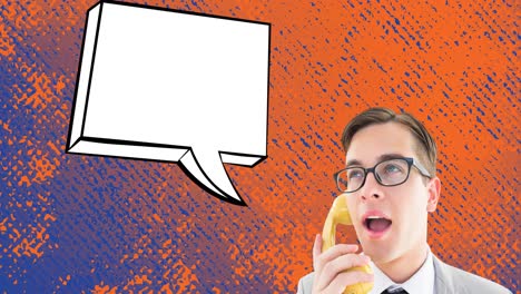 animación de un hombre hablando en un teléfono antiguo, burbuja de habla con espacio de copia sobre un fondo angustiado