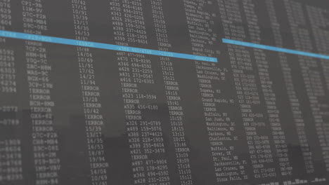 Computer monitor displaying vertical alphanumeric columns with faint city skyline in flat design