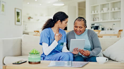 nurse, woman and tablet on sofa for home advice