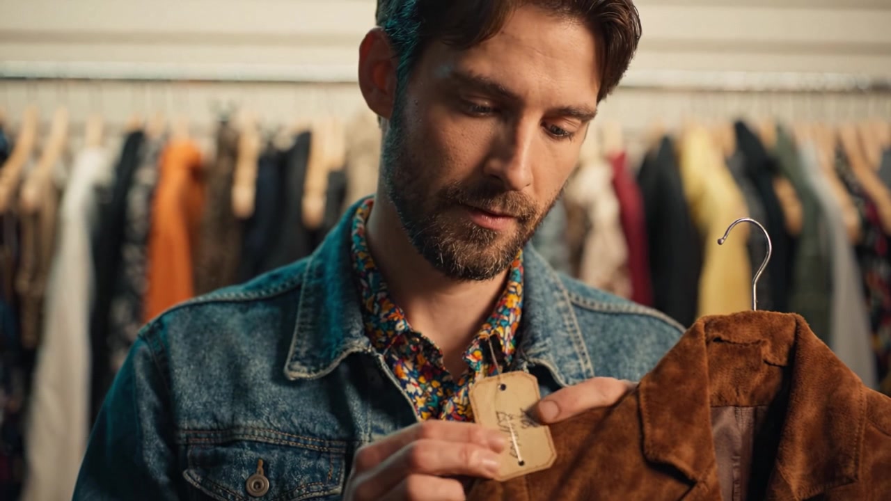 Un sarto esperto esamina una giacca marrone vintage in un elegante negozio di abbigliamento, mettendo in mostra l'arte della valutazione dell'abbigliamento in un ambiente chic e vivace.