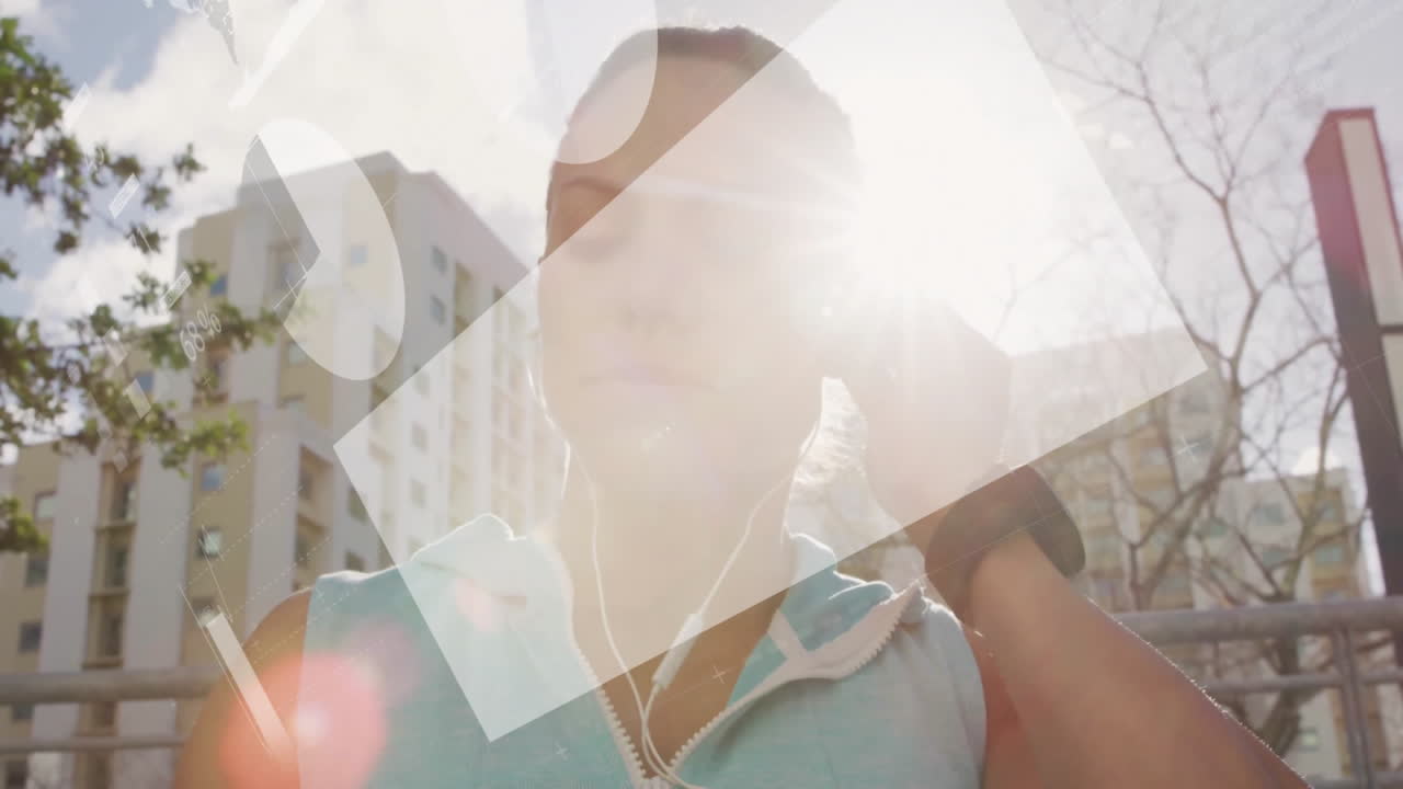 Fitness tech runner jogging outdoors, having animated pie charts and percentage labels floating