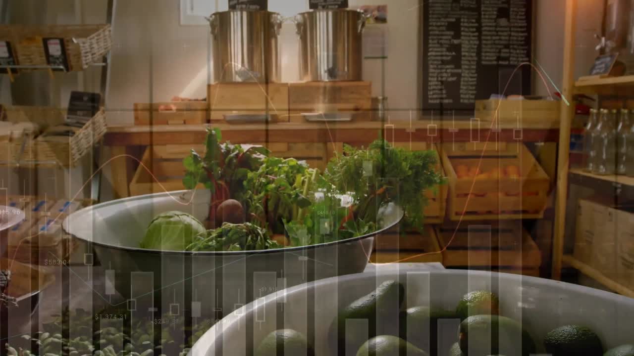 야채와 함께 가게에 대한 데이터 처리의 애니메이션