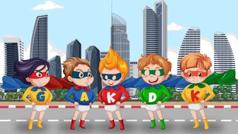 superhero kids posing in front of skyscrapers