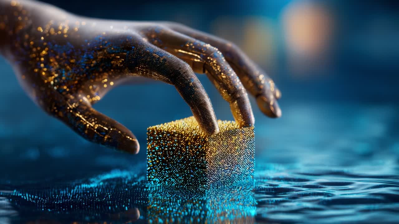 A Close-Up Exploration of a Glittering Hand Reaching for a Quantum Cube, Surrounded by Fluid Reflections, Capturing the Ethereal Beauty and Intricacies of Light and Texture in a Mystical Environment