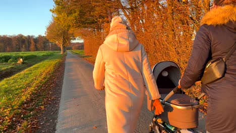 Paar-Freundinnen,-Die-Während-Des-Goldenen-Sonnenuntergangs-Im-Herbst-Mit-Buggy-Im-Freien-Spazieren-Gehen---Nahaufnahme-In-Zeitlupe