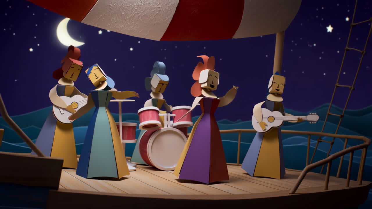 Papercraft band performing on a boat at night