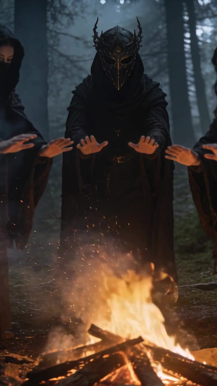 Vertikal video: Bål brænder, mens en kappe-klædt figur med hornmaske varmer hænderne over ilden i en tåget skov