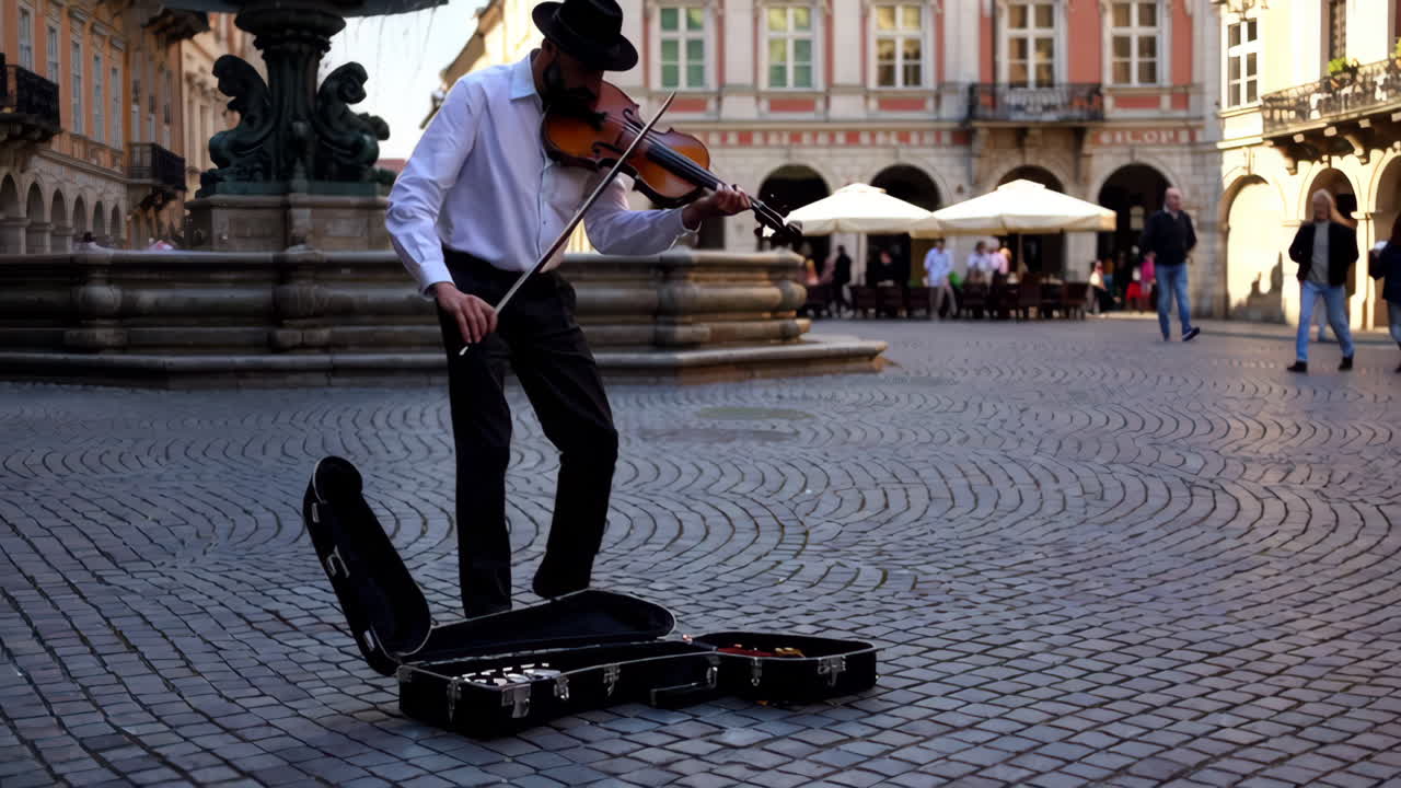 European City Square with Cafes and Street Musician