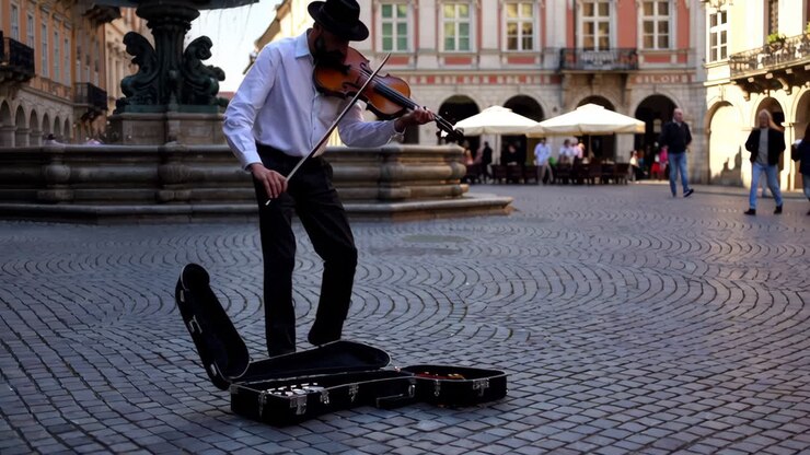 Piazza di città europea con caffè e musicista di strada