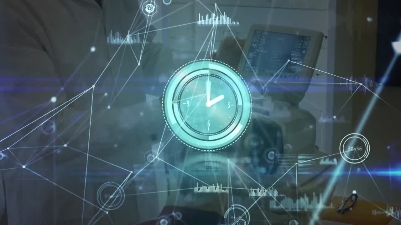 시계 및 연결 네트워크의 애니메이션 - 의료 장치를 사용하는 백인 남성 의사