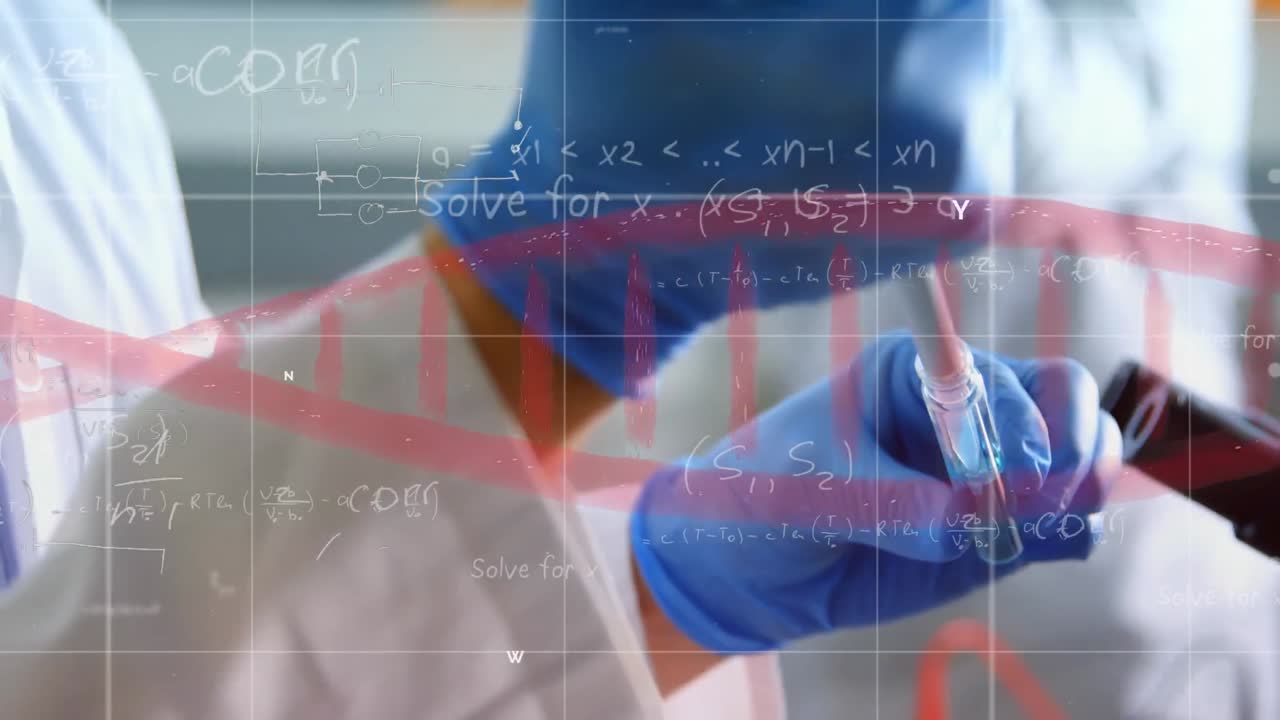 animación de procesamiento de datos, estructura de adn en la sección media de una científica que trabaja en el laboratorio.